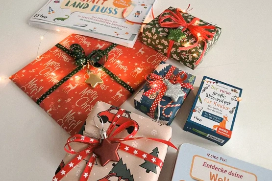 Verschiedene Weihnachtsgeschenke in buntem Papier mit Bändern und Verzierungen verpackt, einschließlich Bücher 'Stadt Land Fluss' und 'Der neue große Wissenstest für Kinder', die den Geist der Saison vermitteln.