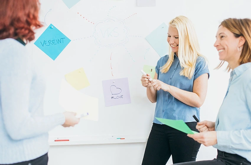 Annett, Katja und Juliane vom VKS Team stehen vor einer Brainstorming Wand, mit Zettel und Stiften in der Hand, um neue Pläne und Ideen zu notieren.